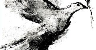 Ai提示词_一幅木刻风格的飞鸽轮廓画，嘴里叼着橄榄叶，背景为简单的白色_如何购买gpt会员缩略图