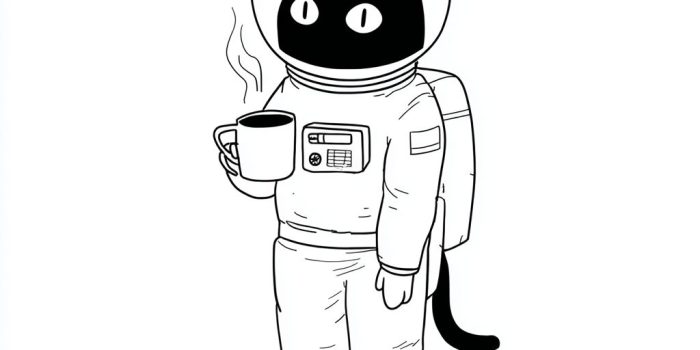 AI提示词_一只带有讽刺表情的宇航员黑猫在白色背景上喝咖啡_chatgpt5.0缩略图