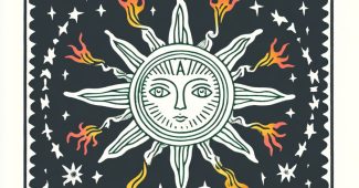 Ai提示词_太阳和月亮围绕着星星，中间有沙漏，火焰以黑白版画风格呈现_chatgpt4.0中文版缩略图