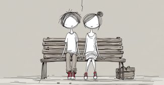 AI提示词_简约风格的男女坐在长椅上，旁边有个小红心_chatgpt官网中文版缩略图