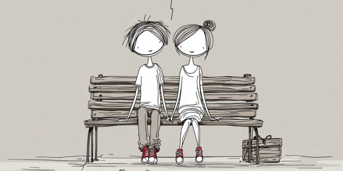 AI提示词_简约风格的男女坐在长椅上，旁边有个小红心_chatgpt官网中文版缩略图