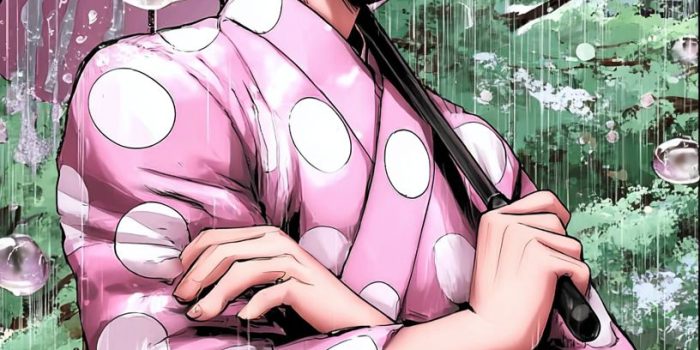 AI提示词_这是一个描绘善逸穿着和服、在雨中撑着伞的垂直手机壁纸，背景是绿色树木和窗户上的水滴_chat gpt会员多少钱缩略图