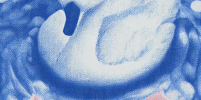 ChatGPT提示词_设计展示了一只头部潜入水中的白天鹅，后身浮出水面，脚朝上，背景由蓝色噪点和红色细节构成_chatgpt在线网页聊天缩略图