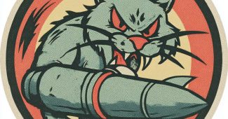 Ai提示词_一幅1940年代美国军队小队的徽章插图，描绘一只愤怒的卡通野猫叼着一枚大导弹_chatgpt5.0手机端缩略图