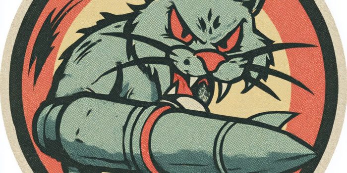 Ai提示词_一幅1940年代美国军队小队的徽章插图，描绘一只愤怒的卡通野猫叼着一枚大导弹_chatgpt5.0手机端缩略图