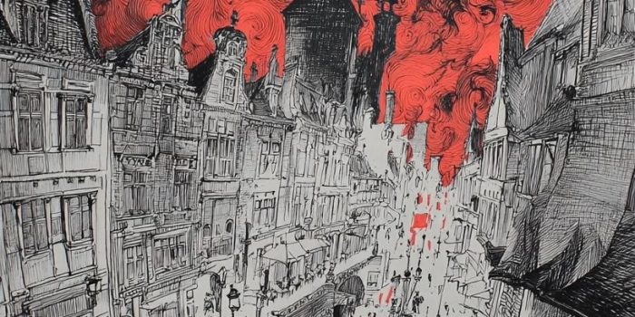 Ai提示词_一幅夜晚布鲁塞尔的迷乱、迷幻的黑白红色画作缩略图