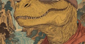 Ai提示词_一只快乐的暴龙戴着先进的虚拟现实头盔，脖子上围着围巾，背景是有巨大瀑布的日本风景，受葛饰北斋风格影响_chatgpt中国官网缩略图