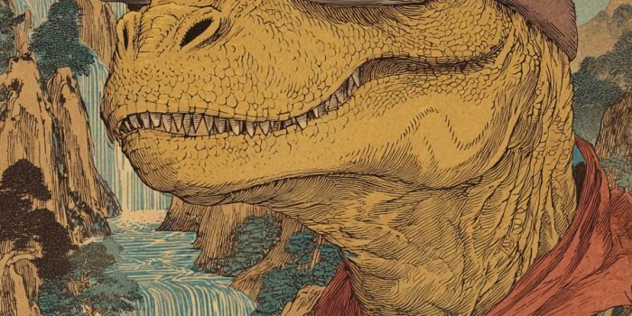 Ai提示词_一只快乐的暴龙戴着先进的虚拟现实头盔，脖子上围着围巾，背景是有巨大瀑布的日本风景，受葛饰北斋风格影响_chatgpt中国官网缩略图