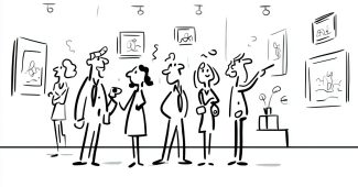 ai提示词_黑白简约的艺术画廊插图，展示人们观看和讨论画作_chatgpt会员值吗缩略图