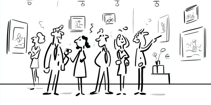 ai提示词_黑白简约的艺术画廊插图，展示人们观看和讨论画作_chatgpt会员值吗缩略图