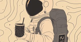 Ai提示词_宇航员穿着米色宇航服，手握黑珍珠奶茶，背景是黑米色迷宫图案_国内如何买gpt会员卡便宜一点缩略图