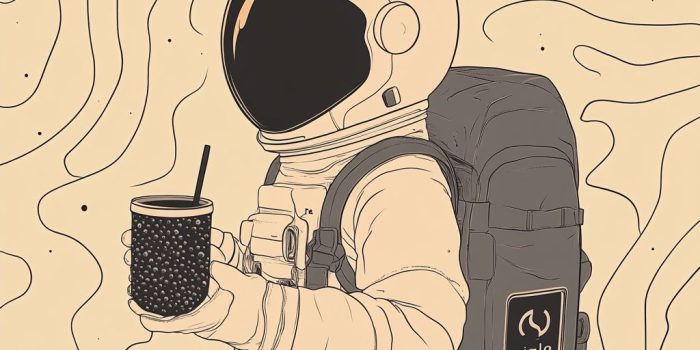 Ai提示词_宇航员穿着米色宇航服，手握黑珍珠奶茶，背景是黑米色迷宫图案_国内如何买gpt会员卡便宜一点缩略图