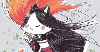 AI提示词_这幅T恤设计以日本艺术家歌川弘宣的作品为灵感，描绘了一只全身的狐狸精巫女，长发飘逸，背后有九条橙色尾巴，身穿传统巫女服，正优雅地跃起并侧头张望_chatgpt会员怎么购买缩略图