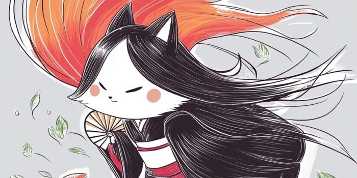 AI提示词_这幅T恤设计以日本艺术家歌川弘宣的作品为灵感，描绘了一只全身的狐狸精巫女，长发飘逸，背后有九条橙色尾巴，身穿传统巫女服，正优雅地跃起并侧头张望_chatgpt会员怎么购买缩略图