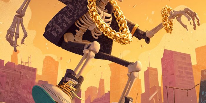 AI提示词_一个自夸的骷髅穿着设计师衣服和金项链在纽约的滑板公园滑行_gpt会员怎么开缩略图