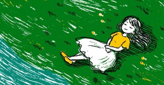 AI提示词_一个小女孩穿着黄色衬衫和白色裙子，躺在绿草上，面带微笑，周围是长发和蓝色海洋_gpt会员多少一个月缩略图