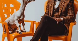 Ai提示词_维多利亚时代风格的男士与山羊在橙色塑料椅上进行激烈注视_买gpt会员缩略图