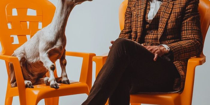 Ai提示词_维多利亚时代风格的男士与山羊在橙色塑料椅上进行激烈注视_买gpt会员缩略图