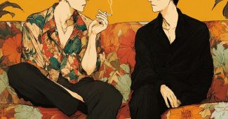 Ai提示词_两个帅气男孩坐在长沙发上，左边男孩穿着花衬衫，右边男孩穿着黑衬衫_chatgpt中文缩略图