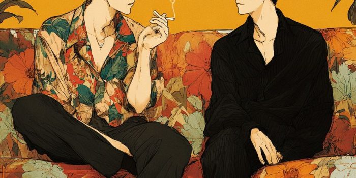 Ai提示词_两个帅气男孩坐在长沙发上，左边男孩穿着花衬衫，右边男孩穿着黑衬衫_chatgpt中文缩略图