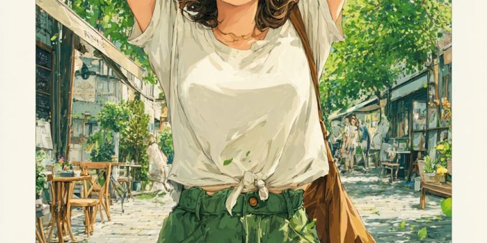 Ai提示词_漫画《六月生日月夏日心情》描绘一个女孩在阳光明媚的街道上发现六月日历，体验夏季的欢乐与满足缩略图