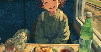 ai提示词_一名可爱的日本女性在新干线上享用传统便当和绿茶，面带微笑，神情慵懒_买gpt会员缩略图