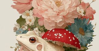 Ai提示词_一只手绘的日本青蛙在蘑菇下，周围有柔和的野花 植物与动物缩略图