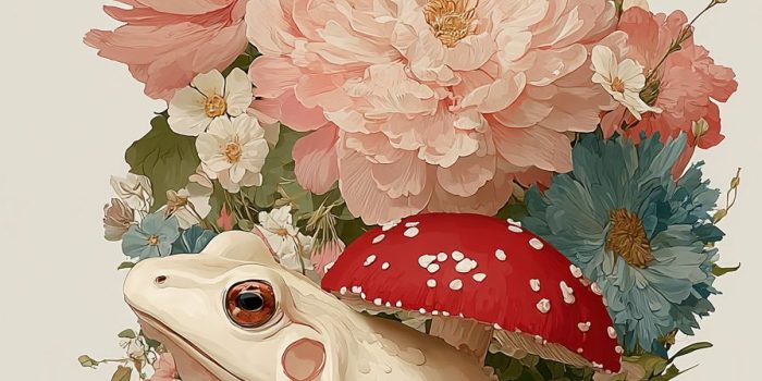 Ai提示词_一只手绘的日本青蛙在蘑菇下，周围有柔和的野花 植物与动物缩略图