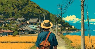 Ai提示词_一个年轻男子在日本乡村骑滑板缩略图