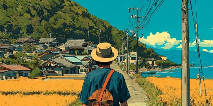 Ai提示词_一个年轻男子在日本乡村骑滑板缩略图