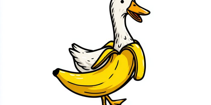 Ai提示词_一只幽默的漫画式鸭子从香蕉皮中露出头和腿，像穿着西装缩略图