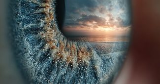 Ai提示词_迷人的眼睛反射出模糊的远方浪漫日落，暗示着梦想和可能性缩略图