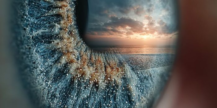 Ai提示词_迷人的眼睛反射出模糊的远方浪漫日落，暗示着梦想和可能性缩略图