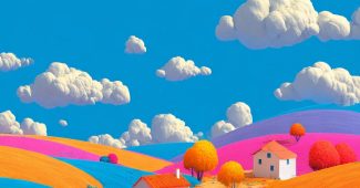 Ai提示词_这幅图描绘了明亮色彩的乡村景观，展现了鲜明的山丘和田园风光缩略图