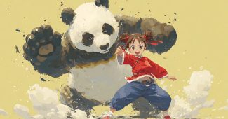 Ai提示词_一个年轻女孩和一只可爱的熊猫互动缩略图