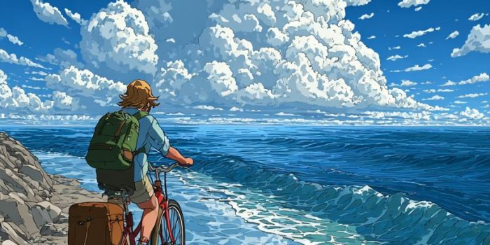 Ai提示词_一位女性骑自行车在海面上缩略图