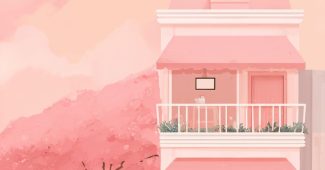 Ai提示词_在背景柔和的粉色调中，有一家可爱的小咖啡馆缩略图