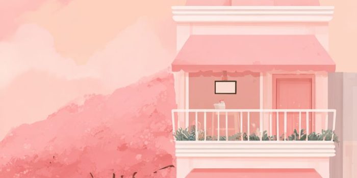 Ai提示词_在背景柔和的粉色调中，有一家可爱的小咖啡馆缩略图