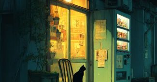 Ai提示词_夜晚，一只黑猫孤独地坐在商店外的椅子上，昏黄的灯光照在它身上缩略图