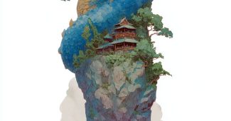 Ai提示词_蓝金色的龙绕着高耸的岩柱，岩柱顶部有一座小庙，岩柱底部是波涛汹涌的海洋缩略图