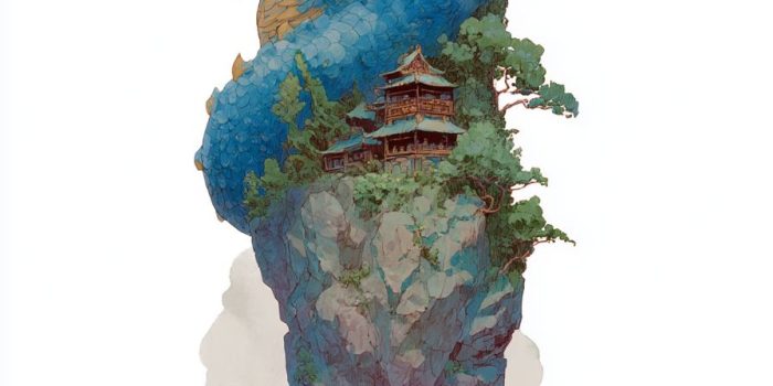 Ai提示词_蓝金色的龙绕着高耸的岩柱，岩柱顶部有一座小庙，岩柱底部是波涛汹涌的海洋缩略图
