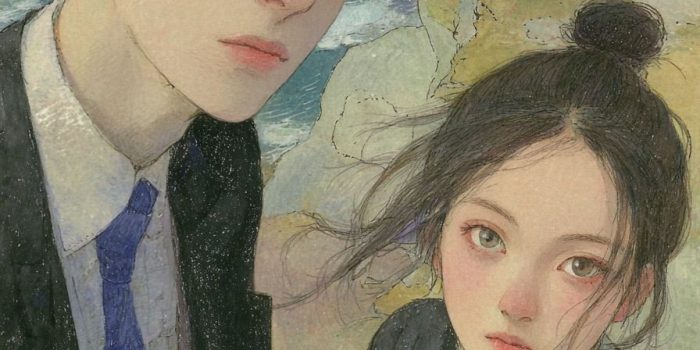 Ai提示词_一位金发蓝眼的帅气年轻男子与一位穿着校服的美丽年轻女孩站在一起，背景是海滨的韩国城市缩略图