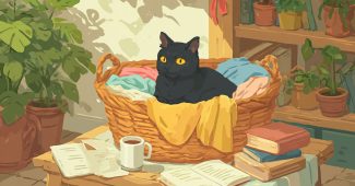 Ai提示词_一只黑猫Bip在装满衣物的篮子里舒适地蜷缩着缩略图