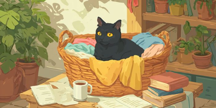 Ai提示词_一只黑猫Bip在装满衣物的篮子里舒适地蜷缩着缩略图