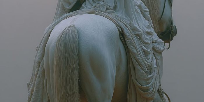 Ai提示词_一个身穿白色长袍的幽灵骑乘白马穿越被雾气笼罩的沙漠，背上挂着剑，场景阴森寂静缩略图