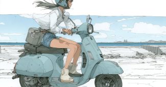 Ai提示词_亚洲女孩穿着迷你裙骑着摩托车在海滩旁的公路上缩略图