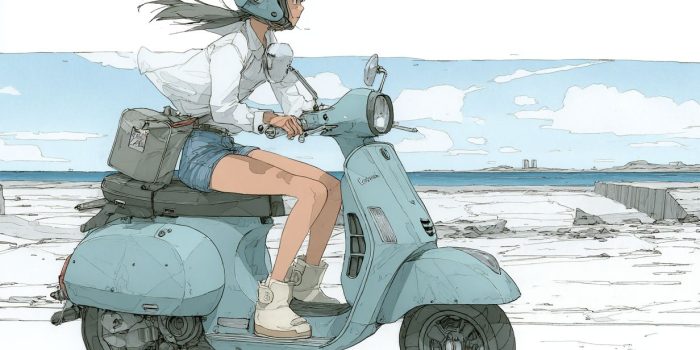 Ai提示词_亚洲女孩穿着迷你裙骑着摩托车在海滩旁的公路上缩略图