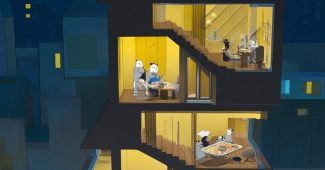 Ai提示词_一栋卡通风格的多层建筑，展现了舒适的日常场景和可爱的动物情侣缩略图