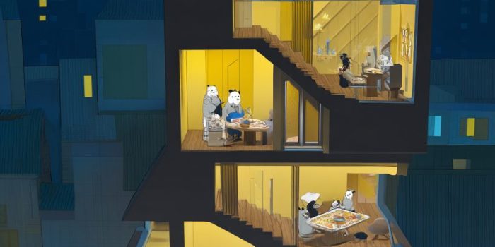 Ai提示词_一栋卡通风格的多层建筑，展现了舒适的日常场景和可爱的动物情侣缩略图