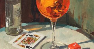 Ai提示词_一幅描绘Aperol spritz、扑克牌和骰子的油画，风格类似Fairfield Porter缩略图